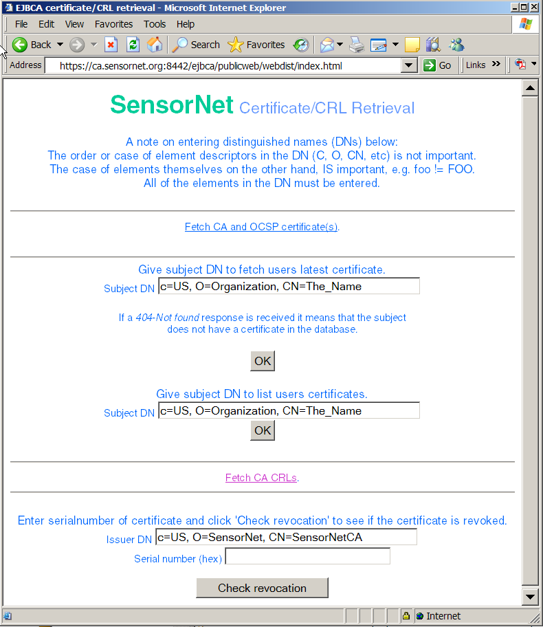 Certificate retrieval page